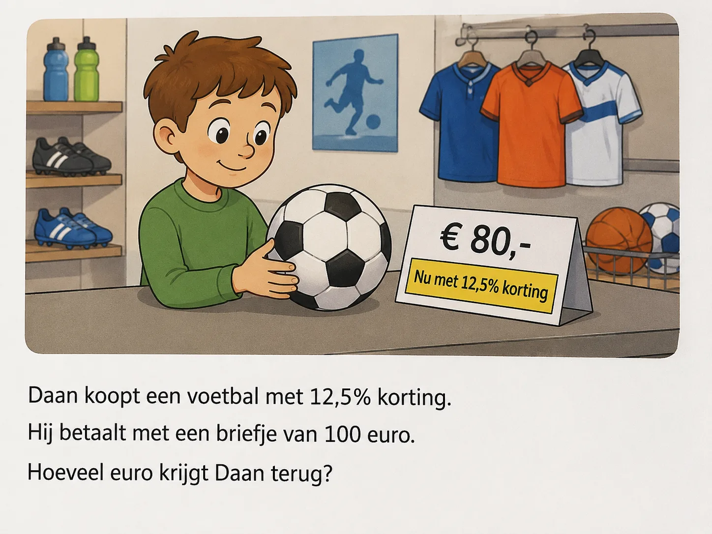 Rekenles: Daan koopt een voetbal met 12,5% korting en betaalt met €100 — hoeveel krijgt hij terug?