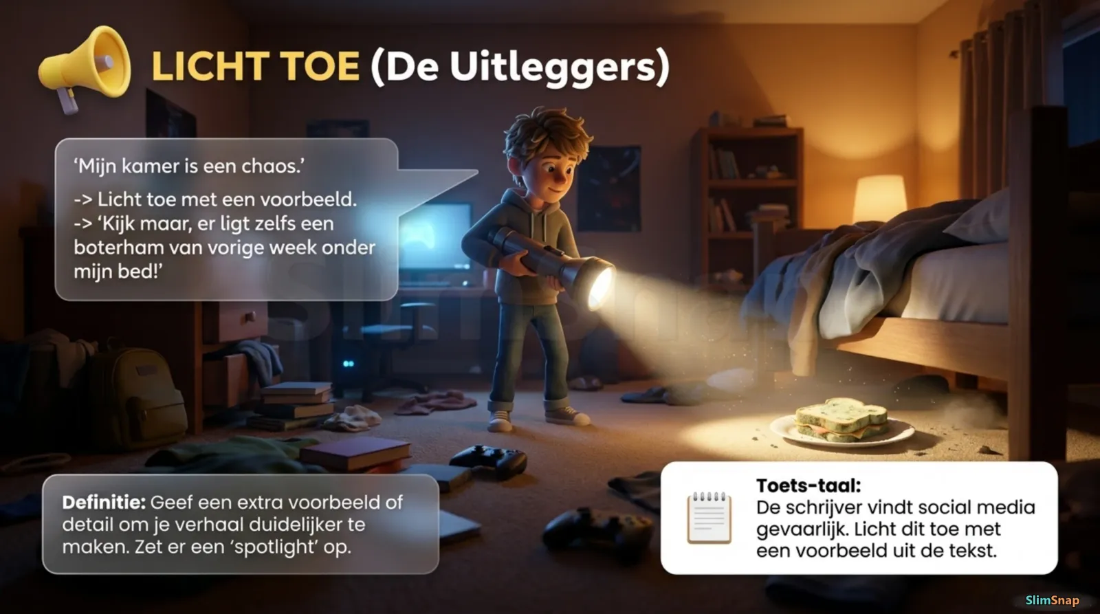 Theorie-kaart ‘Licht toe’ — een mening onderbouwen met een voorbeeld